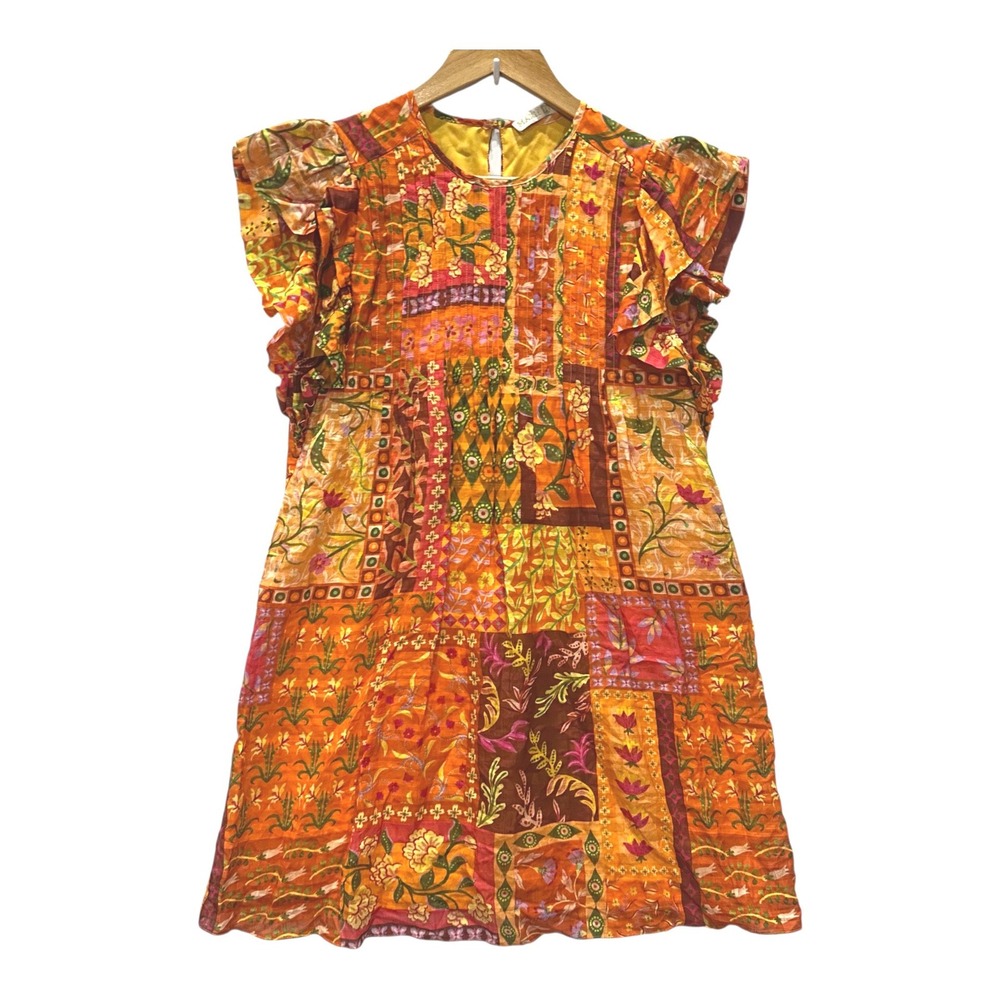 Marie Oliver Orange Patchwork Floral Linen Blend Ruffle Mini Dress Womens XS